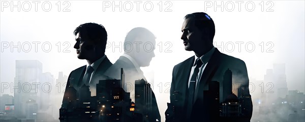 Silhouette of a group of businessman against a backdrop double exposure that reveals a destroyed