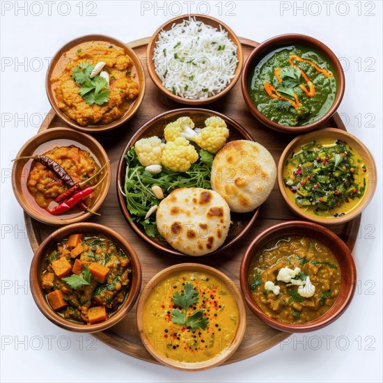 Colorful Indian thali with an assortment of vegetarian dishes, rice, and naan bread, garnished with