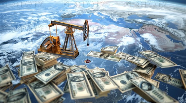 Oil rig pumping money from the earth. Concept of earth resource exploitation and corporate greed,