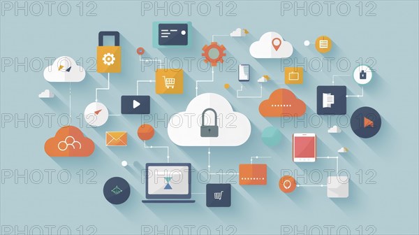 Flat design illustration showing cloud computing technology and network with a focus on data
