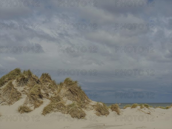 Sand dunes with grass under an overcast sky, dune with dune grass and a boat by the sea, clouds on