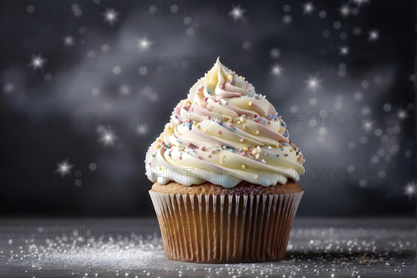 Cupcake with swirls of buttercream frosting in soft pink, AI generated