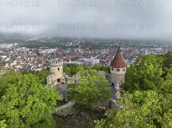 Aerial view of the Honburg castle ruins on the Honberg with the town of Tuttlingen, district of