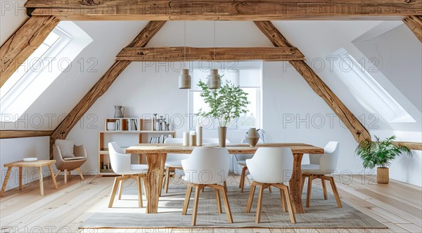 Luxury remodeled and renovated attic with rustic furniture and modern look in a private house, AI
