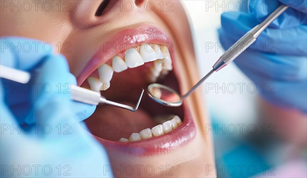 Woman with open mouth has teeth examined during checkup and fixed by a dentist in dental clinique,