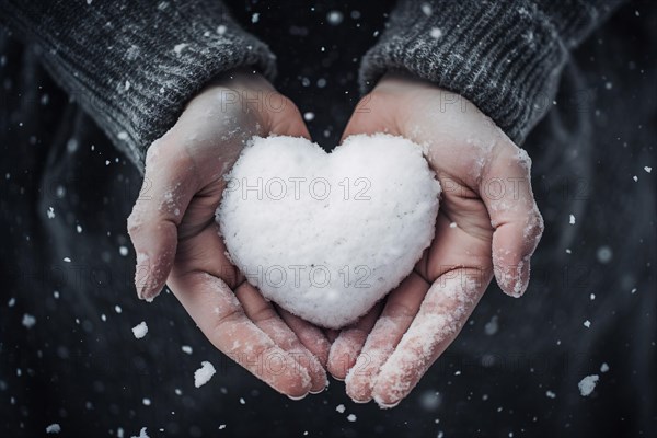 Person holding snowball in shape of heart. AI generated