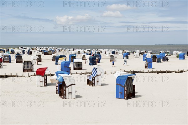 Beach chairs on the sandy beach, Harlesiel, Carolinensiel, East Frisia, Lower Saxony, Germany,