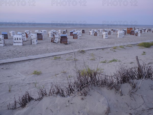 A spacious, quiet beach with white beach chairs and dune grass in the soft light of dusk, setting