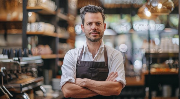 Small business owner stands in front of a counter with apron on and a smile on his face, AI