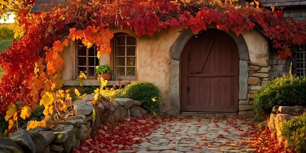 Close up of a rustic vineyard cottage nestled in a canopy of vines leaves showcasing autumns color