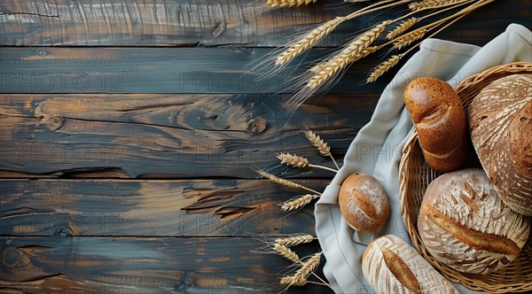 Variety of fresh loaf of bread and wheat on a rustic table with a lot of copy space, AI generated