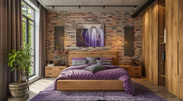 Modern bedroom in a condo or loft with modern trendy furniture. Large and bright space, AI