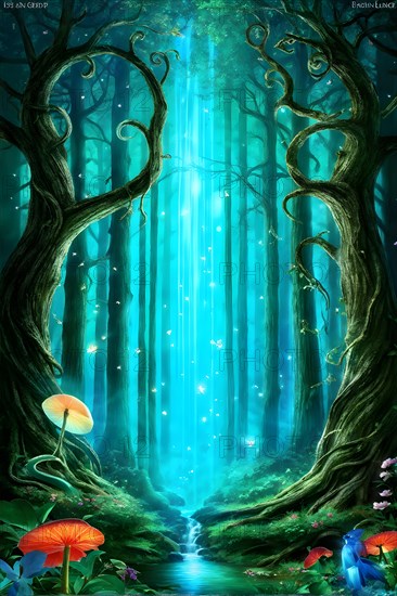 AI generated enchanted forest illustration intertwining trees aglow with magical light