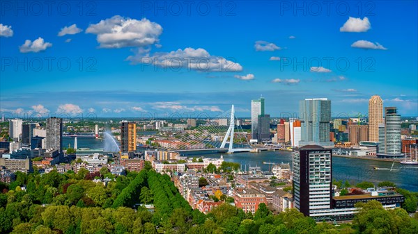 Panorama of Rotterdam city and the Erasmus bridge Erasmusbrug over Nieuwe Maas river from Euromast