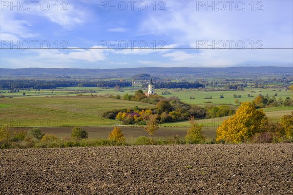 Viewpoint Platte, Ries and pilgrimage church Maria Bruennlein from the edge of the crater, Wemding,