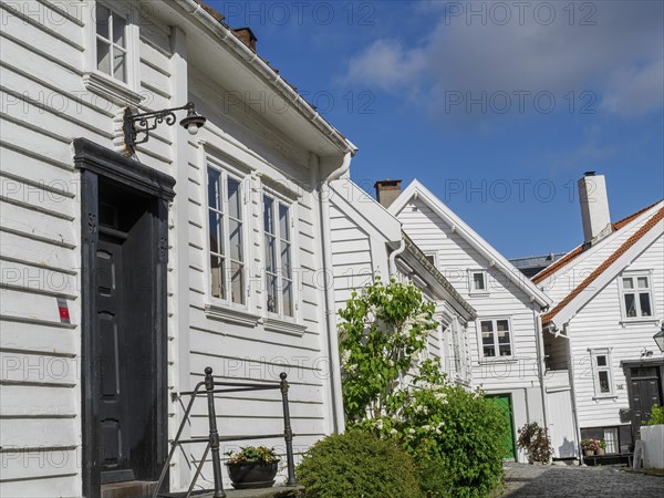 Winding street with white houses, windows, lanterns and a green bush in sunny weather, white wooden