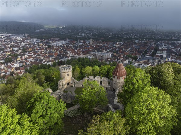 Aerial view of the Honburg castle ruins on the Honberg with the town of Tuttlingen, district of