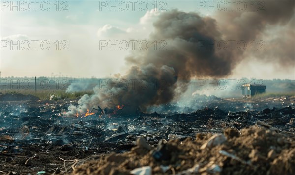 Smoke rising from a burning landfill, air pollution AI generated