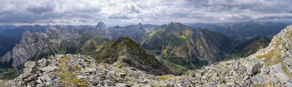 Panorama, view into Val Fleons and Frohntal, mountain landscape with rocky mountain peaks, view