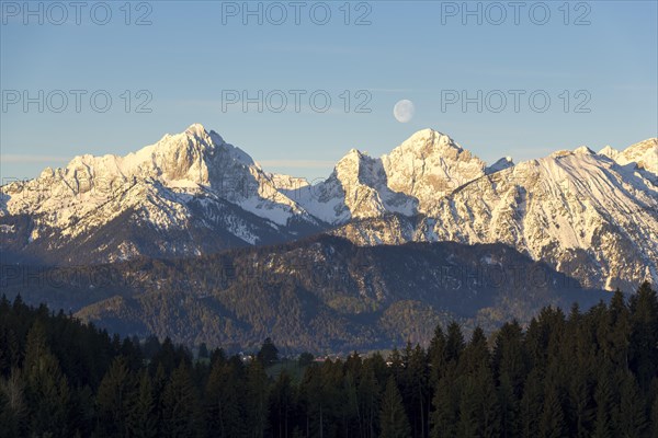 Allgaeu Alps, view from Hegratsrieder See, snow, dawn, moon, Allgaeu, Bavaria, Germany, Europe
