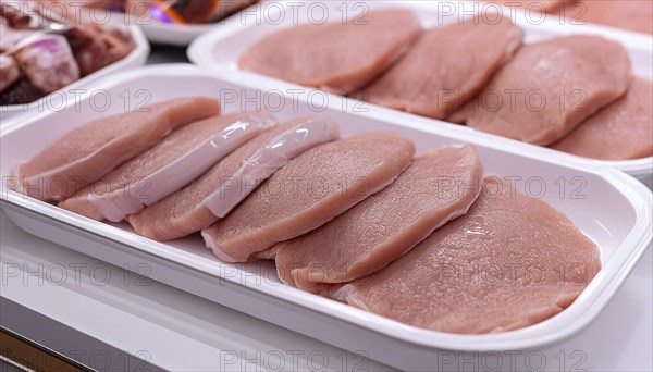 Meat, raw pork, schnitzel, in a display of a butcher's shop, AI generated, AI generated