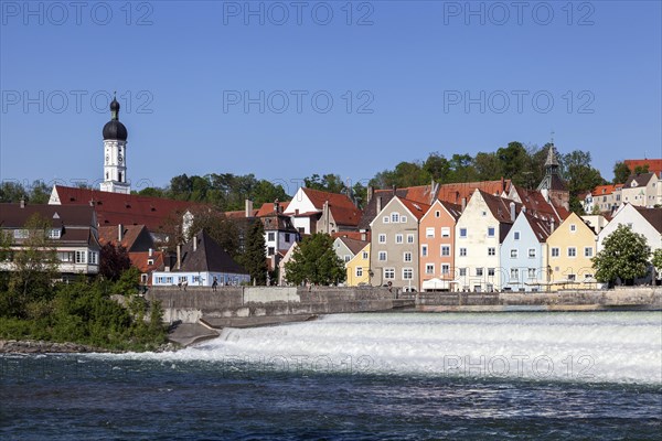 Historic old town centre of Landsberg am Lech, in front of the Lech weir, Upper Bavaria, Bavaria,