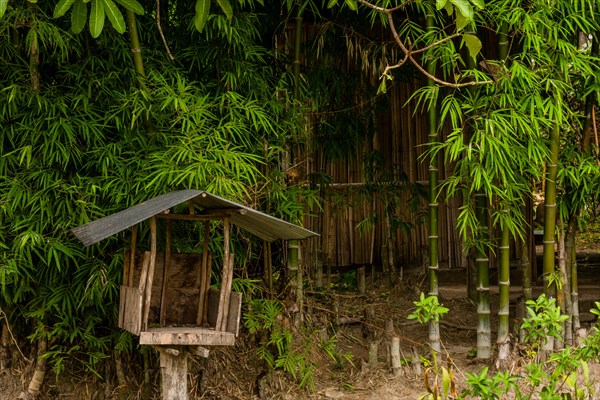 Thai spirit house mounted on a pillar with buildings and bamboo trees in background in Chiang Khan,