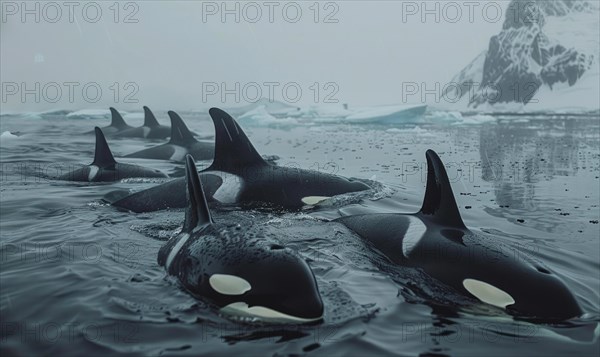 A pod of orca whales swimming gracefully in icy waters AI generated