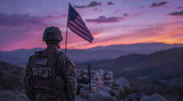 American patriot soldier stand in front of the flag. Concept of fighting for freedom and democracy,
