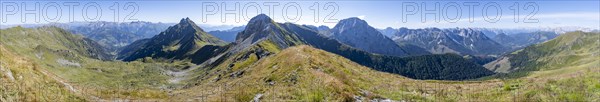 Panorama, view from the Carnic main ridge with rocky mountain peaks, view of the mountain peaks of
