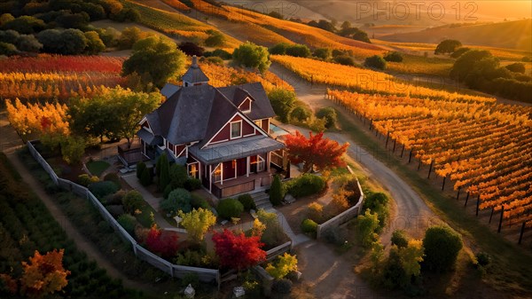 Aerial view of a rustic vineyard cottage nestled in a canopy of vines leaves showcasing autumns