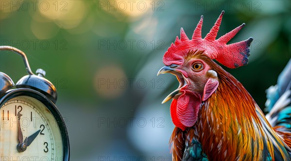 A rooster is standing in front of a clock with its beak open. Concept of a loud alarm clock, AI
