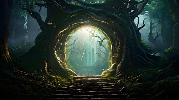 AI generated enchanted forest illustration intertwining trees aglow with magical light