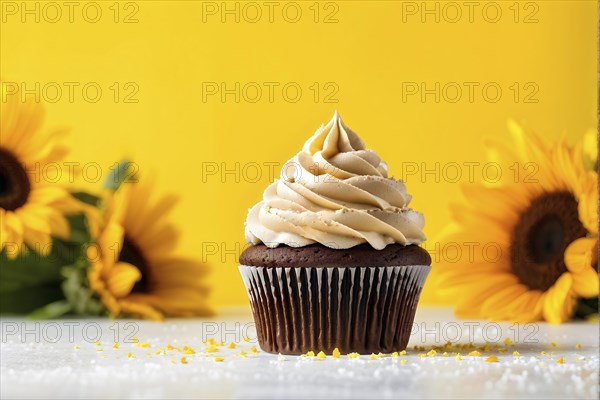 Chocolate cupcake with swirls of creamy frosting crowning against a sunflower yellow background, AI