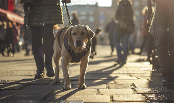 A guide dog leading its owner along a suburban sidewalk AI generated