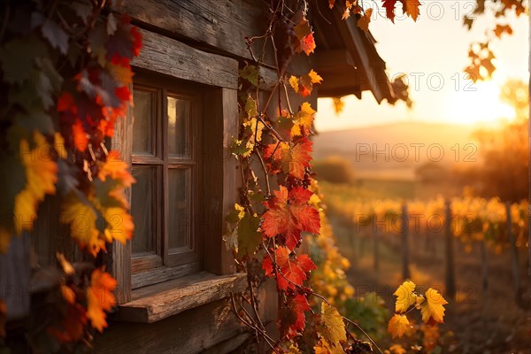 Close up of a rustic vineyard cottage nestled in a canopy of vines leaves showcasing autumns color