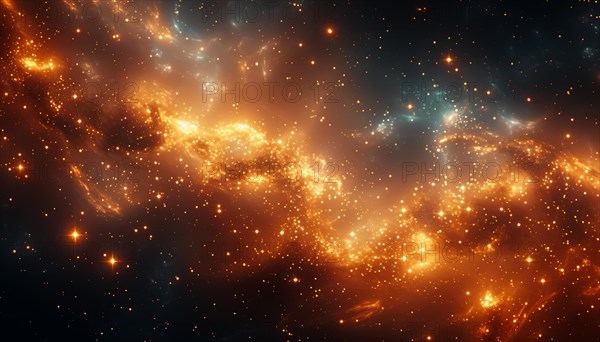 A vibrant space scene with a nebula, stars, and cosmic dust in orange and blue hues, AI Generated,