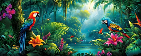 AI generated illustration of an enchanted fairy tale jungle inhabited by magical fantasy animals in