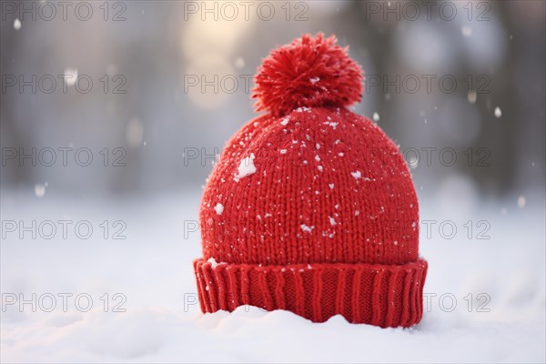 Red knitted hat in snow, AI generated