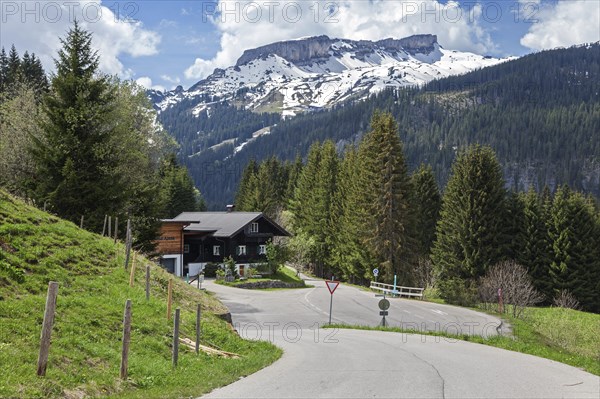 View of Hoher Ifen, in front of the Fuchsfarm holiday flats, Hirschegg, Kleinwalsertal, Vorarlberg,