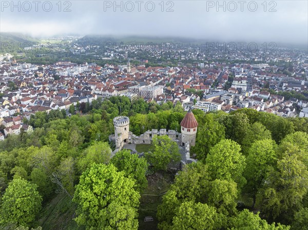 Aerial view of the Honburg castle ruins on the Honberg with the town of Tuttlingen, district of