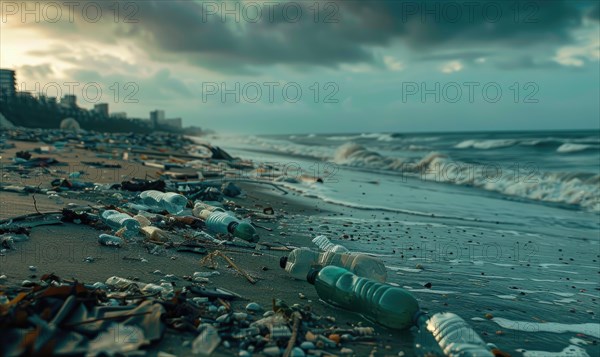 Beach littered with plastic bottles and garbage, ecological problems AI generated
