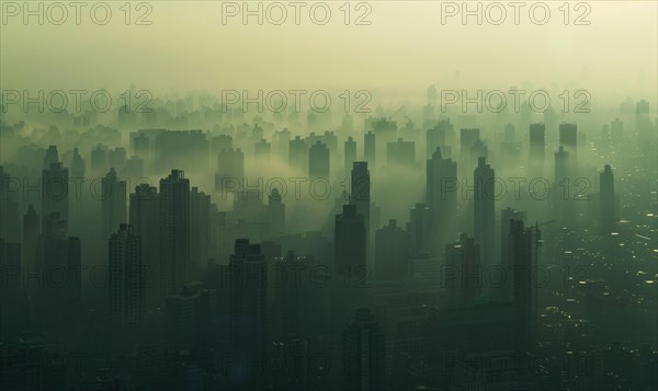 Urban landscape shrouded in smog with tall buildings barely visible AI generated