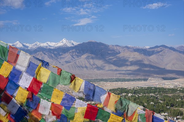 Panorama from Tsenmo hill over Leh and the Indus valley to Stok Kangri, 6153m, Ladakh, Jammu and