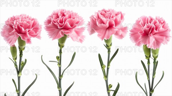 Four pink carnation flowers with green stems elegantly arranged against a white background, AI