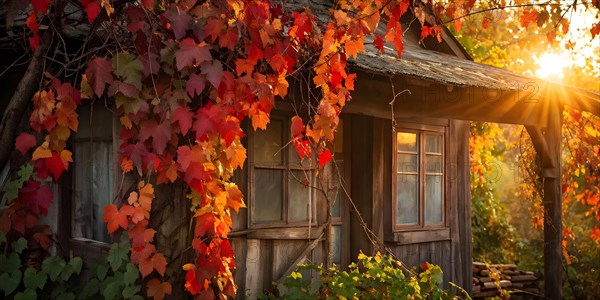 Close up of a rustic vineyard cottage nestled in a canopy of vines leaves showcasing autumns color