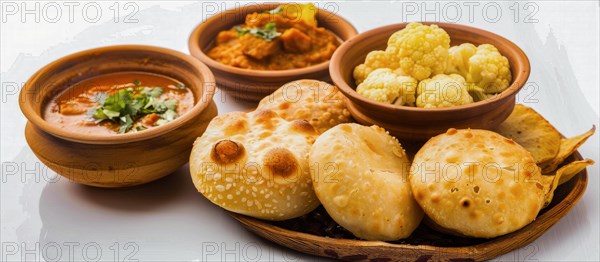 Attractive spread of Indian food with sesame-topped naan, curry, cauliflower, and potatoes in