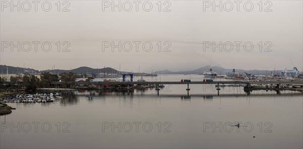 Sahara dust, harbour of Olbia, panoramic view, Olbia, Sardinia, Italy, Europe