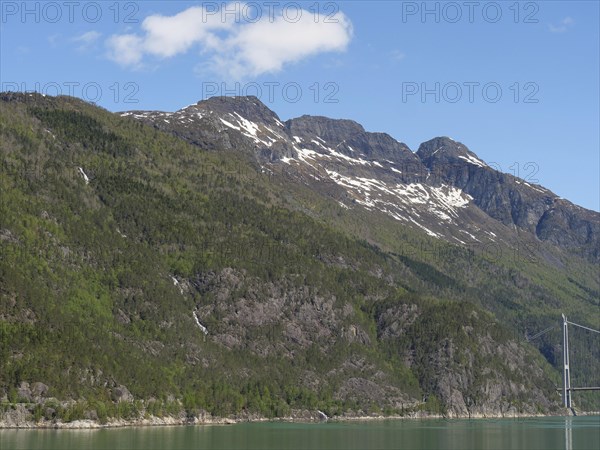 Massive mountains with partly forested slopes under a clear blue sky, some snow-capped peaks and a