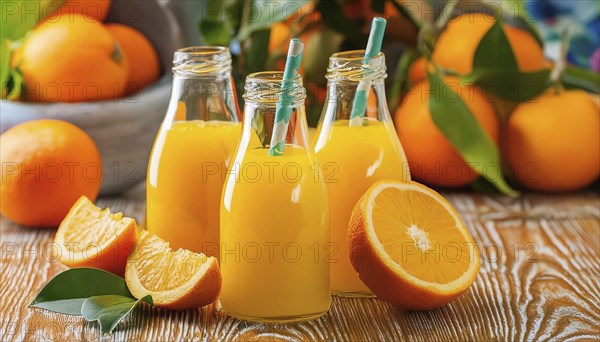 Three small bottles of orange juice with tubes, sliced oranges against a light background, AI